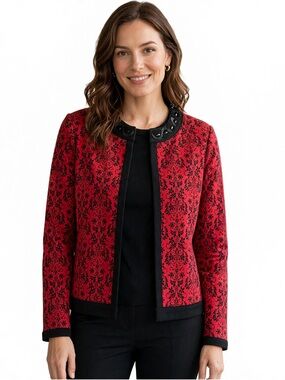 Covington Red and Black Patterned Open-Front Jacket